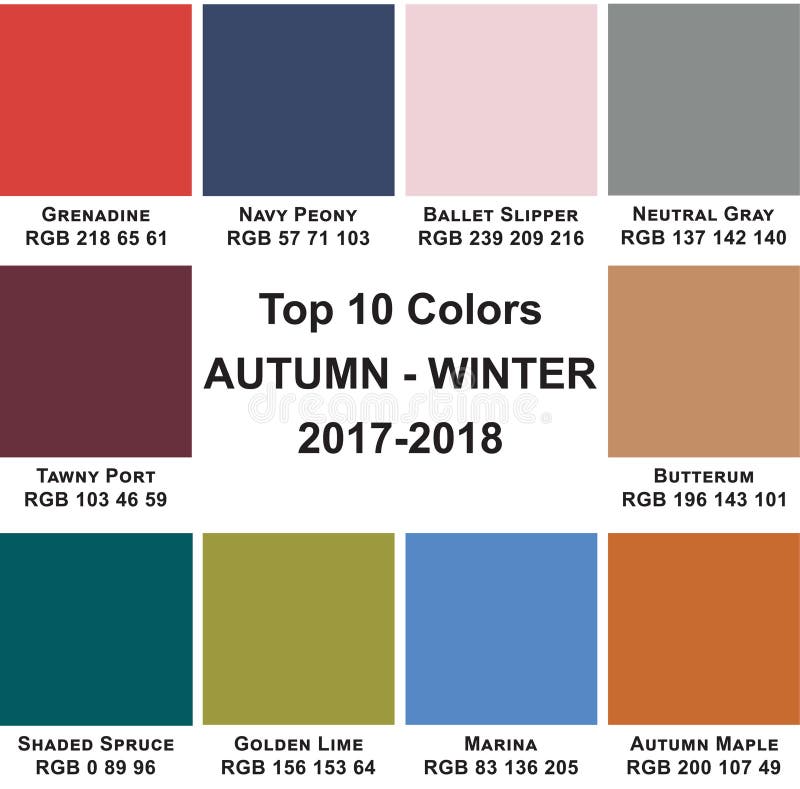 Table trendy colors of a season Autumn-Winter 2017-2018 to RGB color space. Table trendy colors of a season Autumn-Winter 2017-2018 to RGB color space