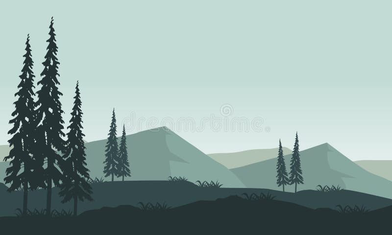 Wietrzny poranek na wsi z widokiem na góry i sylwetki zielonych drzew sosnowych. ilustracja wektorowa ilustracji
