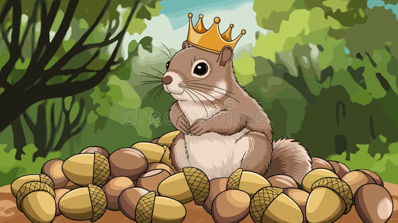 Wiewiórka nosząca miniaturową złotą koronę na stosie żołędzi. royalty ilustracja