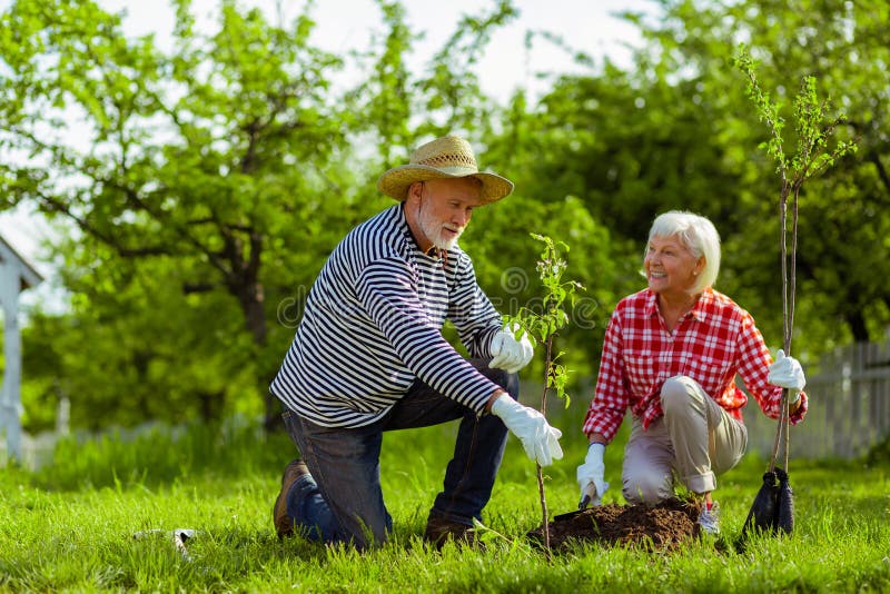 Wife smiling while watching her husband planting trees royalty free stock photo