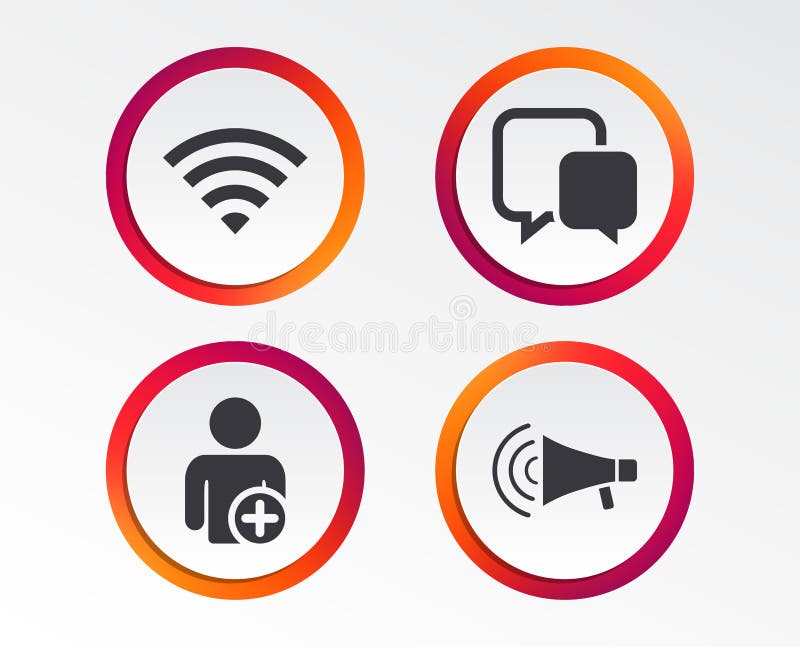 Wifi and chat bubbles. Add user, megaphone. Wifi and chat bubbles icons. Add user and megaphone loudspeaker symbols. Communication signs. Infographic design vector illustration Wifi and chat bubbles. Add user, megaphone. Wifi and chat bubbles icons. Add user and megaphone loudspeaker symbols. Communication signs. Infographic design vector illustration