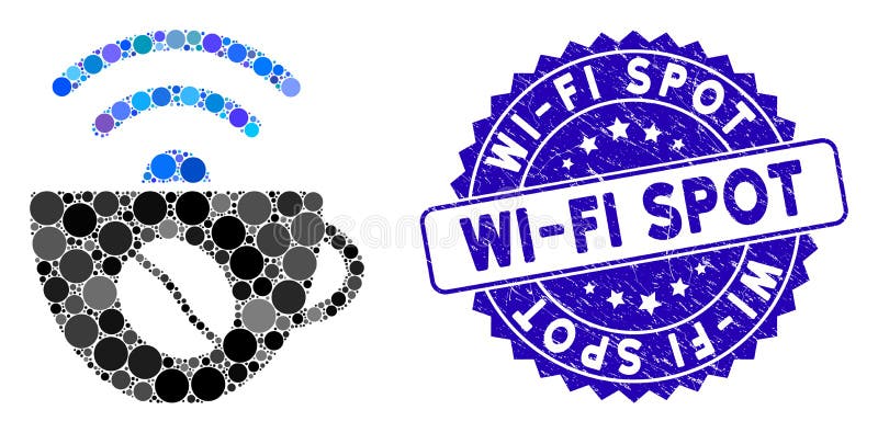 Wifi-källikon för Mosaik-kaffe med Stämpel för nödtrycks Wi-Fi-port royaltyfri illustrationer