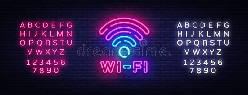 Wifi-Leuchtreklamevektor Glühende glänzende Buchstaben des Wifi-Symbol-Neons, helle Fahne, Neontext Auch im corel abgehobenen Bet stock abbildung