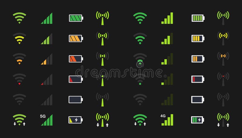 WiFi-signaalpictogrammen, de last van de batterijenergie, het mobiele pictogram van het signaalniveau