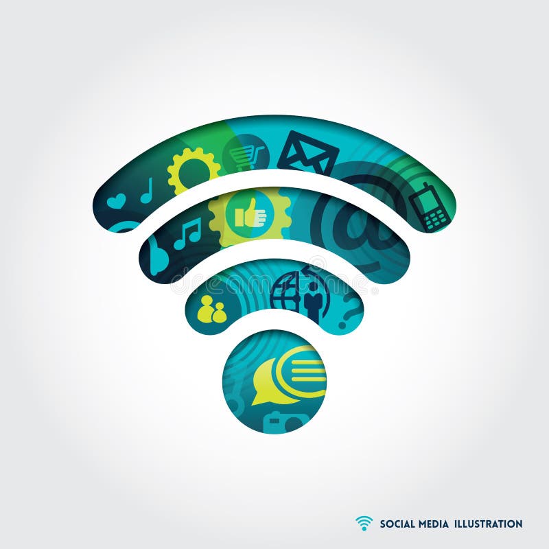 Ilustrare simbol semnal Wifi cu concept social media royalty free illustration