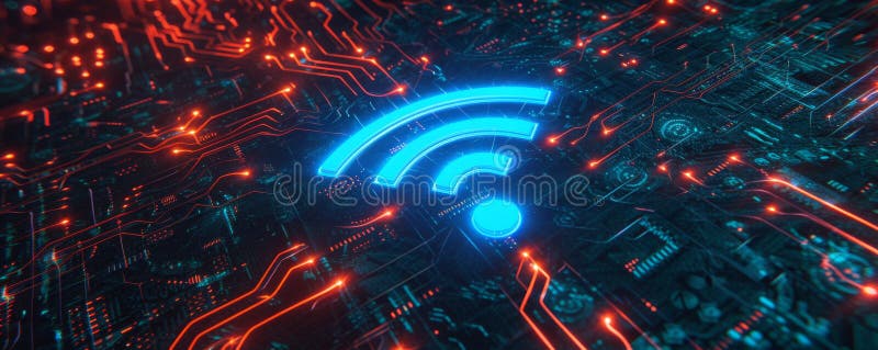 Wifi symbol on illuminated digital circuit board, futuristic technology concept stock photos