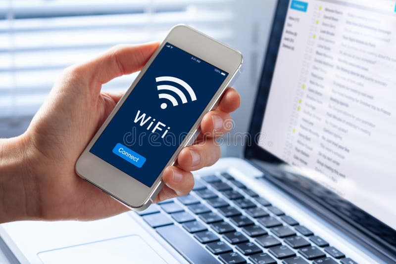 WiFi symbol, smartphone screen, button to connect to wireless internet royalty free stock images