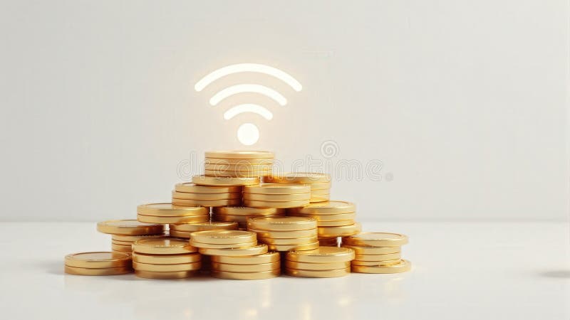 Wifi-Symbol über Münzstapel stockfoto