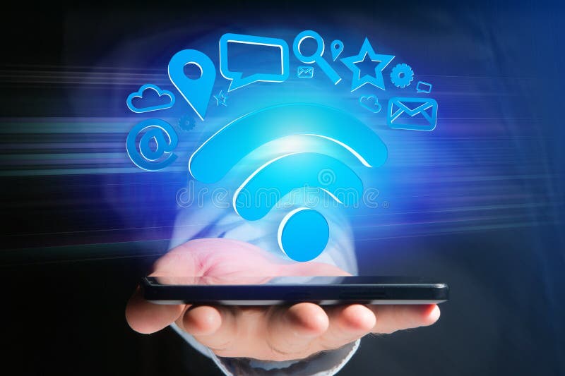 Wifi Symbolverbindung umgeben durch Multimedia und Internet-Anwendungslogo - Wiedergabe 3d vektor abbildung