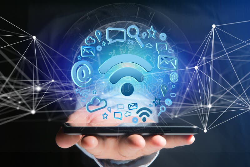 Wifi Symbolverbindung umgeben durch Multimedia und Internet-APP stockfotos