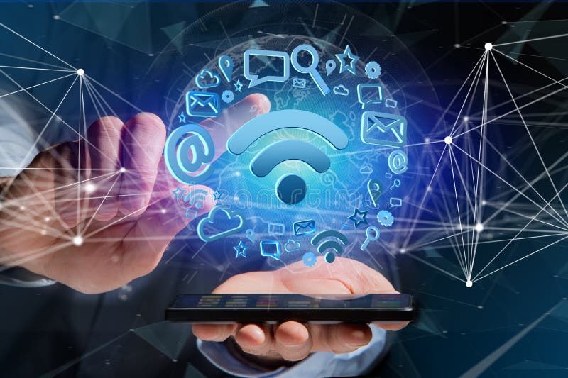 Wifi Symbolverbindung umgeben durch Multimedia und Internet-APP lizenzfreies stockbild