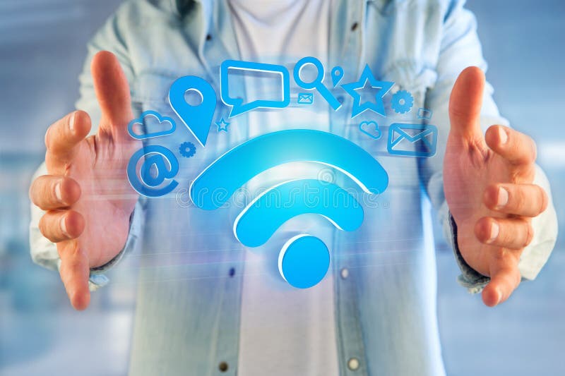 Wifi Symbolverbindung umgeben durch Multimedia und Internet-APP stockfoto