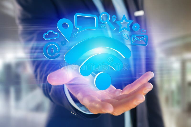 Wifi Symbolverbindung umgeben durch Multimedia und Internet-APP stockbild