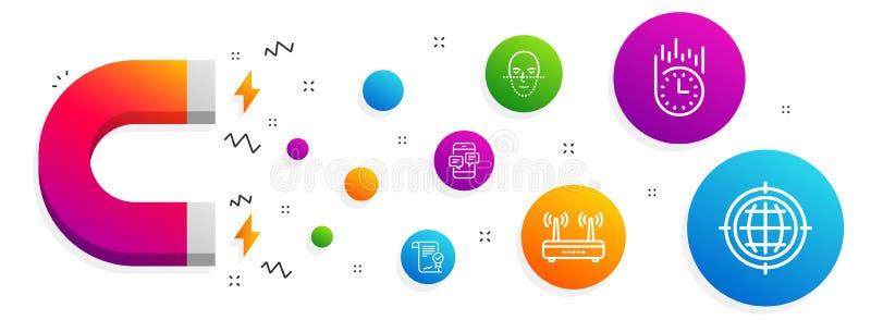 Wifi, telefonmeddelanden och upps? ttning f? r symboler f? r framsidaerk? nnande Godk? nd? verenskommelse, snabb leverans och Seo inte stock illustrationer