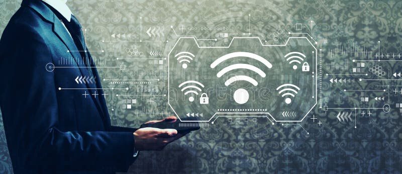 Wifi theme with businessman holding a tablet royalty free stock photos Wifi theme with businessman holding a tablet royalty free stock photos