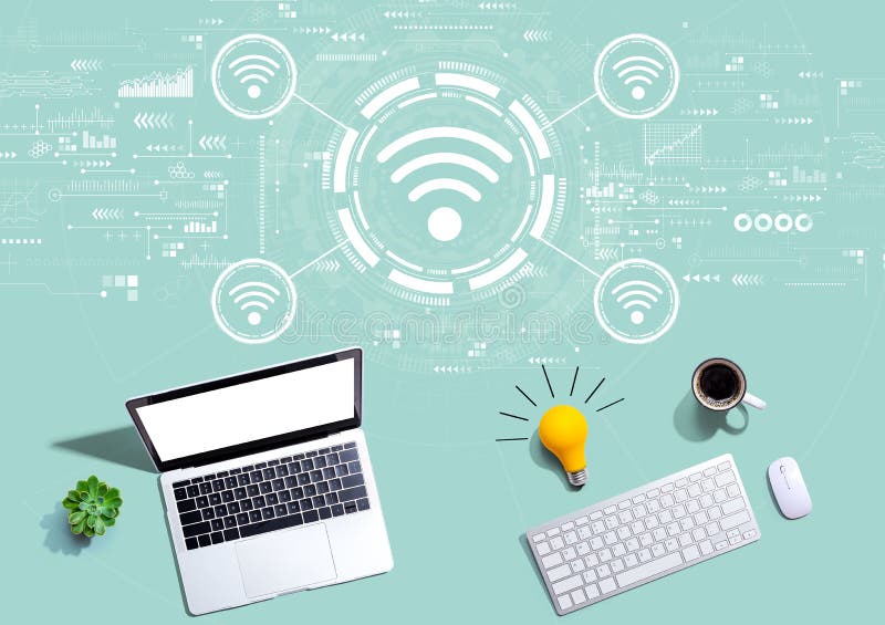 Wifi theme with computers with a light bulb royalty free illustration