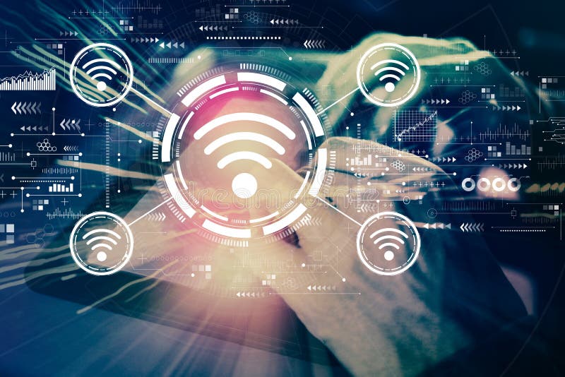 Wifi theme with man using tablet royalty free stock photography