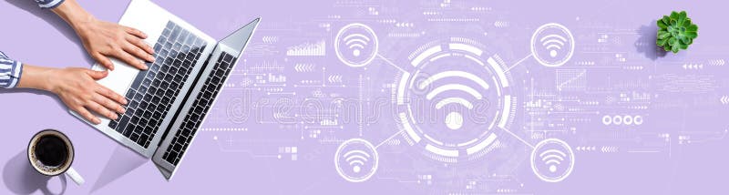 Wifi theme with person using a laptop stock image