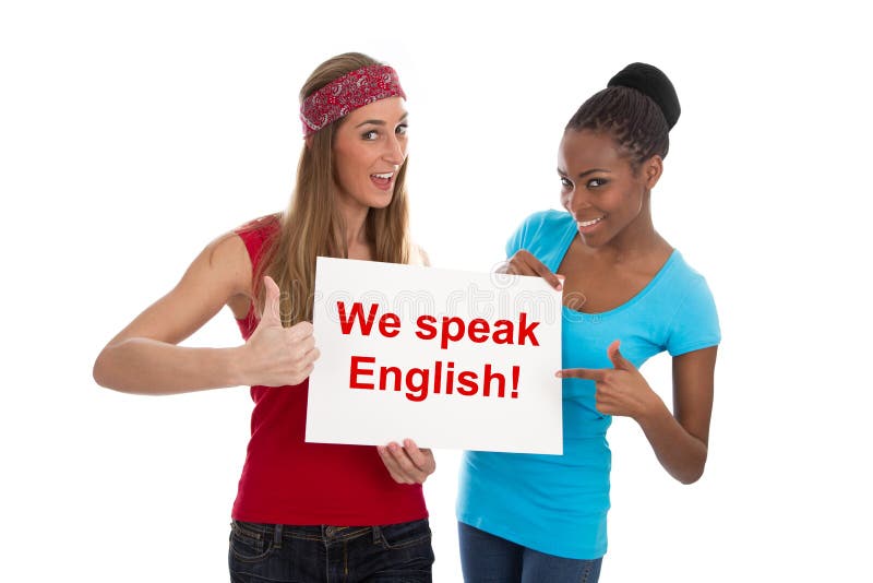Wij spreken het Engels - Twee die vrouwen op wit worden geïsoleerd stock afbeeldingen Wij spreken het Engels - Twee die vrouwen op wit worden geïsoleerd stock afbeeldingen