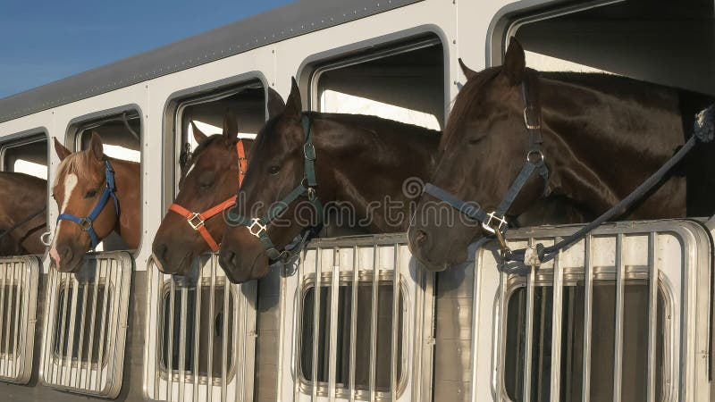 Wijd geschoten van verscheidene paarden in een aanhangwagen dichtbij kwartsiet royalty-vrije stock afbeelding Wijd geschoten van verscheidene paarden in een aanhangwagen dichtbij kwartsiet royalty-vrije stock afbeelding