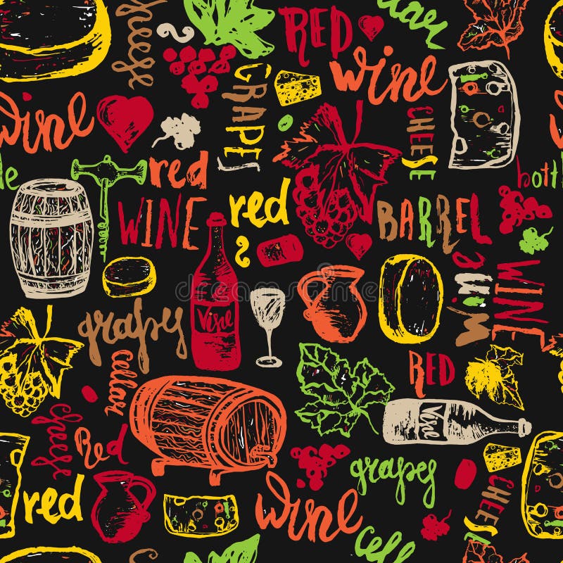 Wijn naadloos Hand getrokken naadloos patroon Vector illustratie De wijn ondertekent - fles, glas, druif, druivenblad, kaas stock illustratie Wijn naadloos Hand getrokken naadloos patroon Vector illustratie De wijn ondertekent - fles, glas, druif, druivenblad, kaas stock illustratie