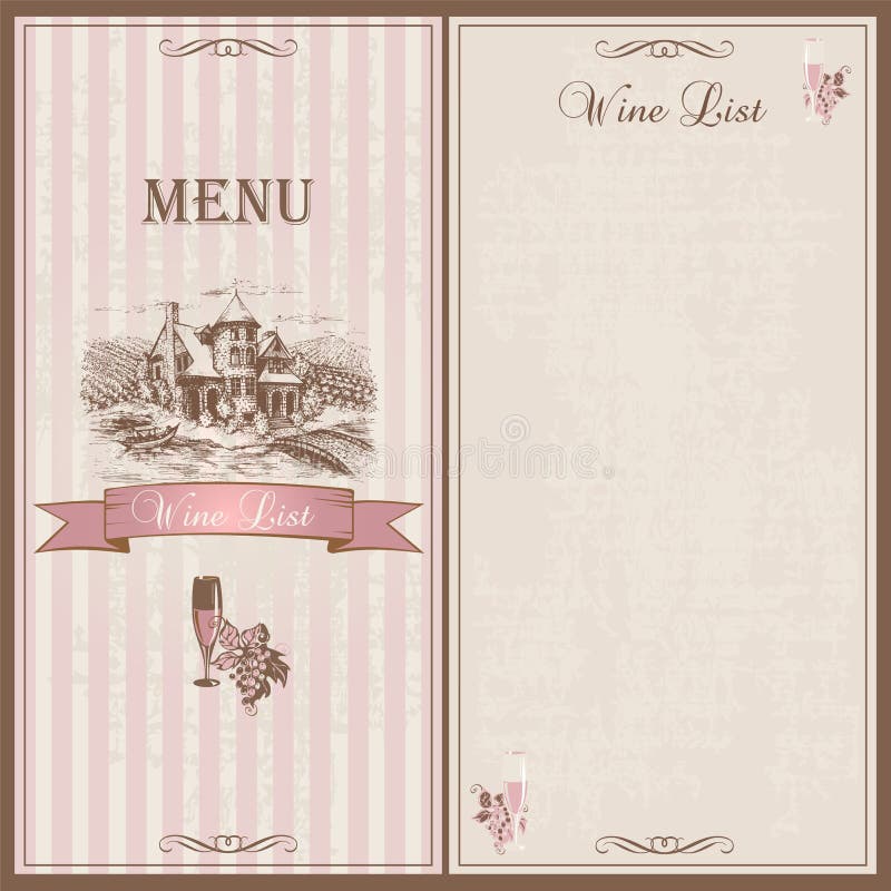 Wijnmenu Het Malplaatjeontwerp van de wijnlijst voor restaurants Schets van het kasteel met druivengebieden Druiven en een glas w vector illustratie Wijnmenu Het Malplaatjeontwerp van de wijnlijst voor restaurants Schets van het kasteel met druivengebieden Druiven en een glas w vector illustratie
