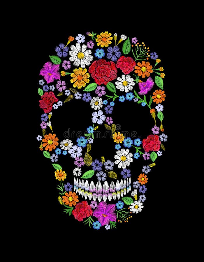 Wijnoogst geborduurde bloemschedel De Manierontwerp van de Muertos Dood Dag