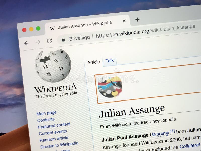 Amsterdam, the Netherlands - November 27, 2018: Wikipedia page about Julian Assange, a Australian computer programmer and the editor of WikiLeaks.