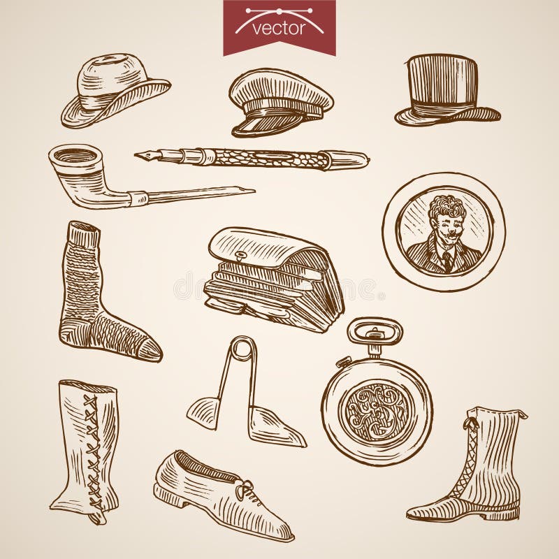 Wiktoriański skarpet odzieżowi kapeluszowi buty osiągają rytownictwo rocznika wektor royalty ilustracja Wiktoriański skarpet odzieżowi kapeluszowi buty osiągają rytownictwo rocznika wektor royalty ilustracja
