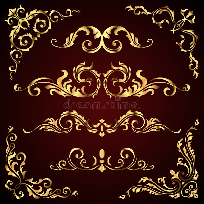 Wiktoriański wektorowy ustawiający złoci ozdobni strona wystroju elementy lubi sztandary, ramy, dividers, ornamenty i wzory na zm ilustracja wektor Wiktoriański wektorowy ustawiający złoci ozdobni strona wystroju elementy lubi sztandary, ramy, dividers, ornamenty i wzory na zm ilustracja wektor
