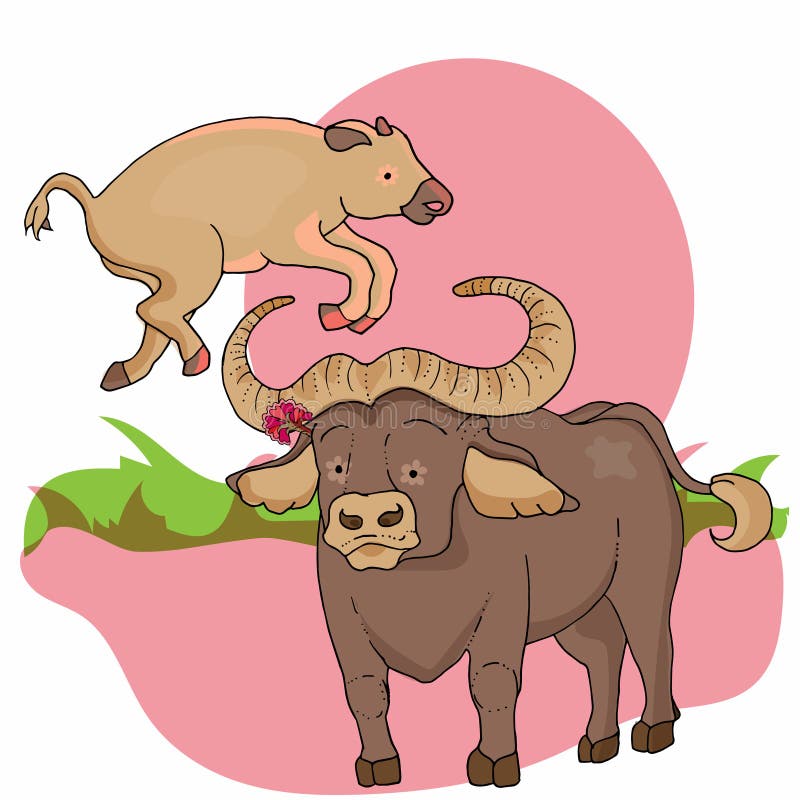 Wild  Animals. Buffalo with a Baby Stock Vector -  Illustration of china, bird: 143138741