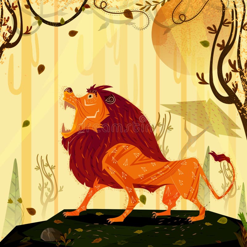 Wild animal Lion in jungle forest background stock illustration