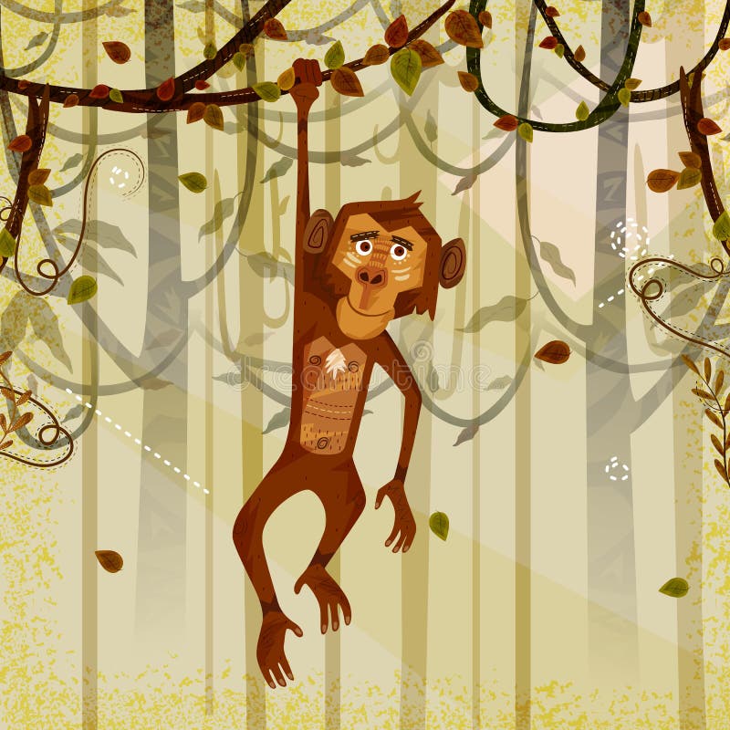 Wild animal Monkey in jungle forest background stock illustration