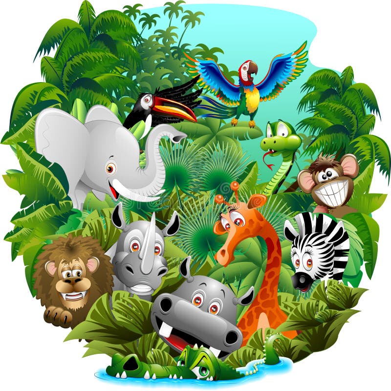 Wild Animals Cartoon on Jungle Stock Vector - Illustration of playful,  crocodile: 68922904