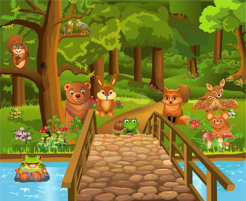 Wild animals in the forest and a bridge in the foreground royalty free illustration