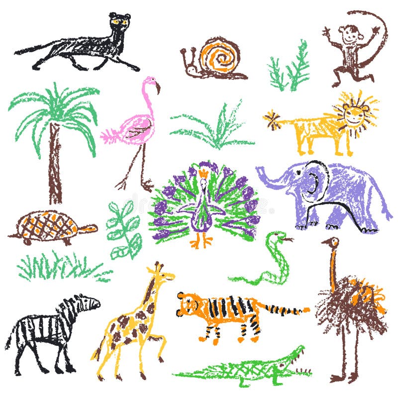 Wild animals set. Crayon like kid`s hand drawn giraffe, elephant, lion, monkey, zebra, crocodile isolated on white.
