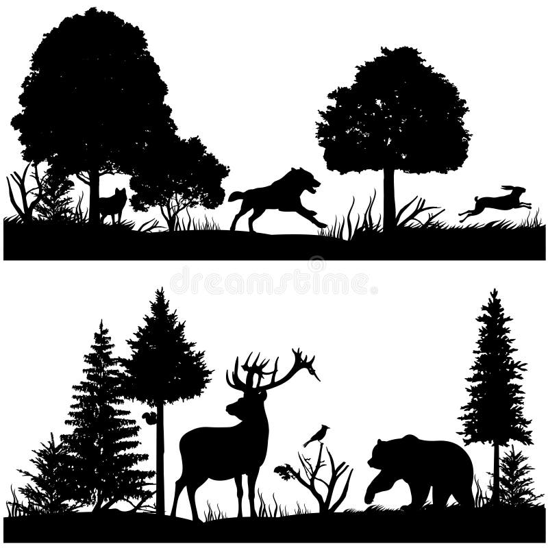 wild animals silhouettes green fir forest vector illustration silhouette animal nature wood tree pine 90013485