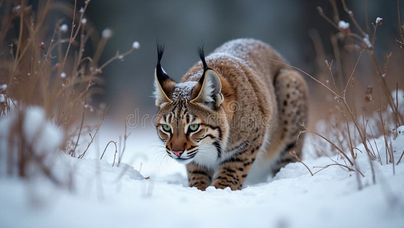 Wild bobcat hunting in snowy forest ears alert royalty free illustration