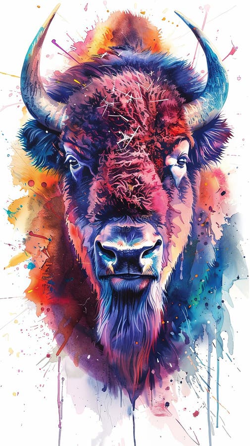 Salvaje búfalo diente pintado verticalmente retrato en acuarela artístico estilo.