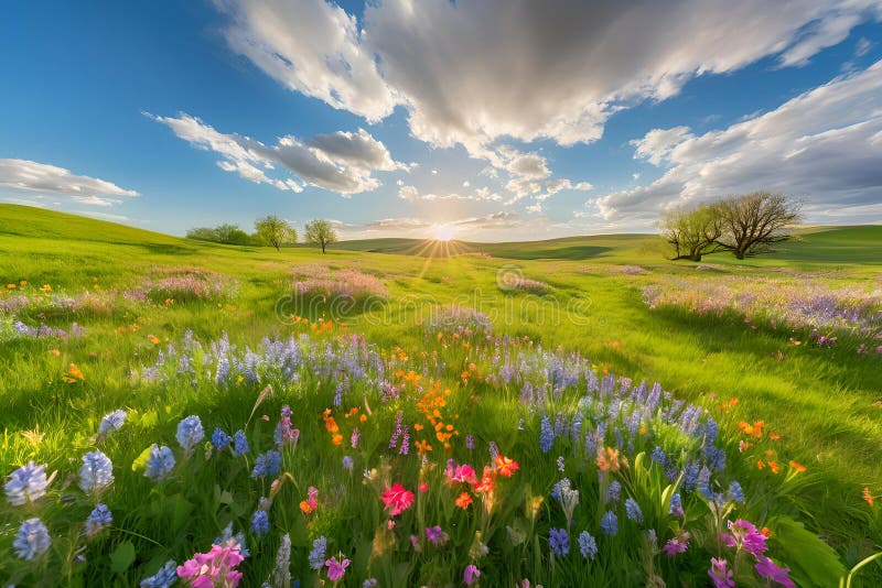Wild flowers field on natural field. vector illustration