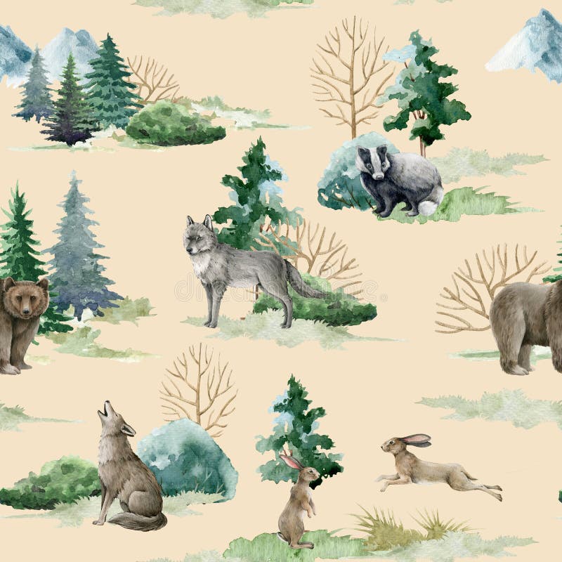 Wild forest animals seamless pattern. Watercolor image. Hand drawn forest bear, wolf, rabbit, badger,fir trees stock photo