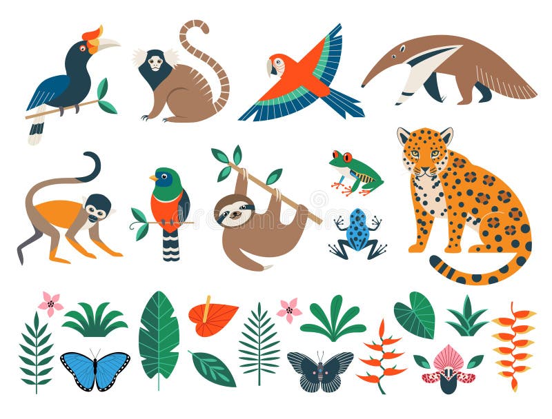Wild Jungle Animals, Birds, Flowers and Leaves Stock Vector - Illustration of plants, butterfly: 228587504 Wild Jungle Animals, Birds, Flowers and Leaves Stock Vector - Illustration of plants, butterfly: 228587504
