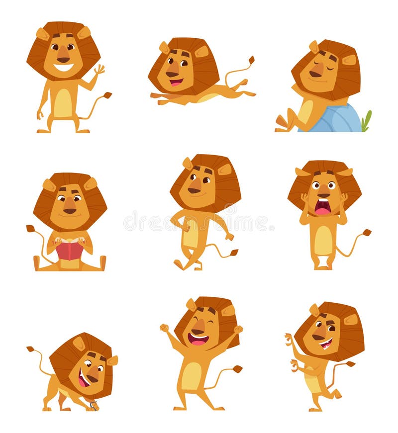 Wild lion cartoon. Cute african big lions mascot in various poses walking standing jumping relaxing vector characters