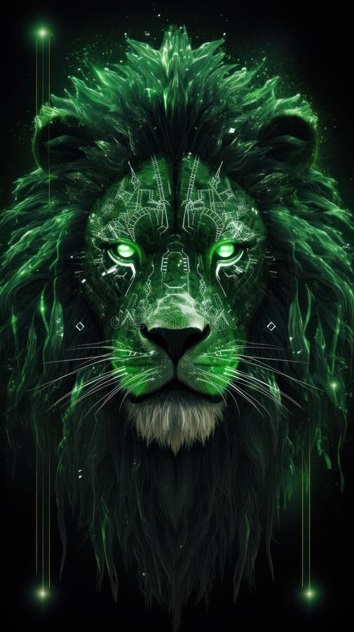 Wild Lion Head in a Green Color Scheme. Stock Illustration
