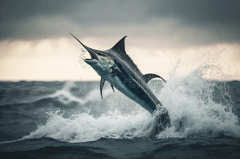 wild marlin jumping out of the water after its dramatic leap