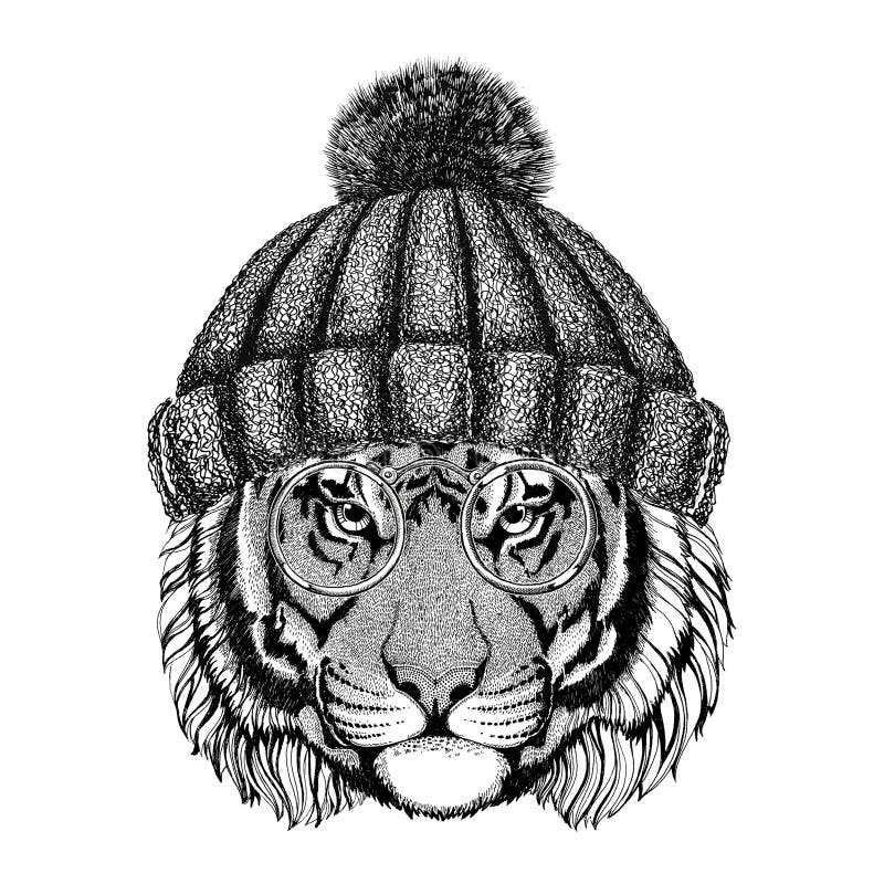 Wild tiger wearing vintage glasses and knitted hat Hipster animal Picture for tattoo, logo, emblem, badge design vector illustration Wild tiger wearing vintage glasses and knitted hat Hipster animal Picture for tattoo, logo, emblem, badge design vector illustration
