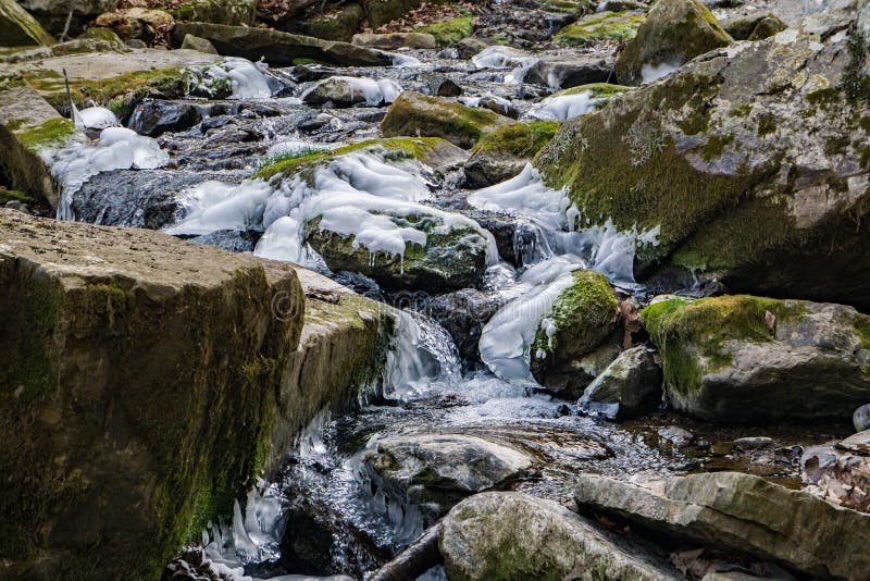 Winter View of a wild Trout Stream - 2. A wild trout stream in the winter with a footbridge crossing the stream located in the Appalachian Mountains, Botetourt royalty free stock photo Winter View of a wild Trout Stream - 2. A wild trout stream in the winter with a footbridge crossing the stream located in the Appalachian Mountains, Botetourt royalty free stock photo