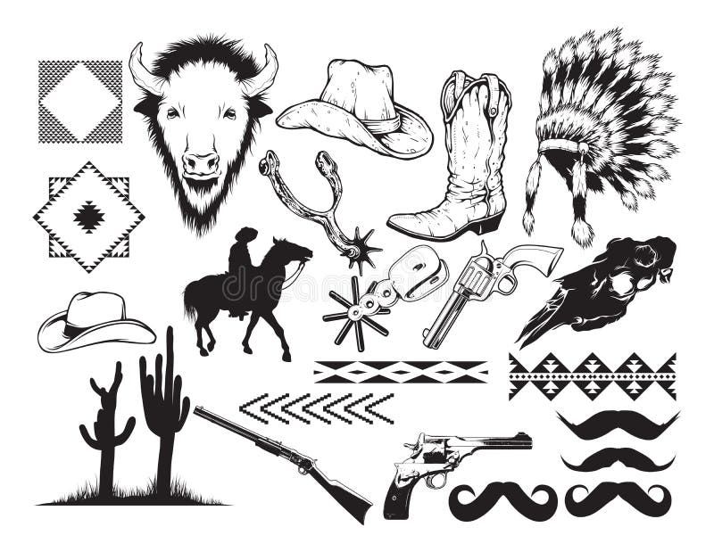 Wild West Tattoo Outline Set Native American Tattoo Set of Labels and  Elements Vector Set Illustration Template Tattoo Stock Vector   Illustration of adult america 204749365