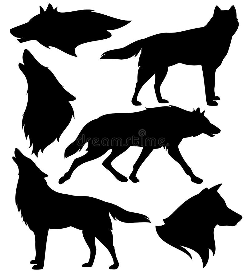 Wild wolves black and white vector silhouette set
