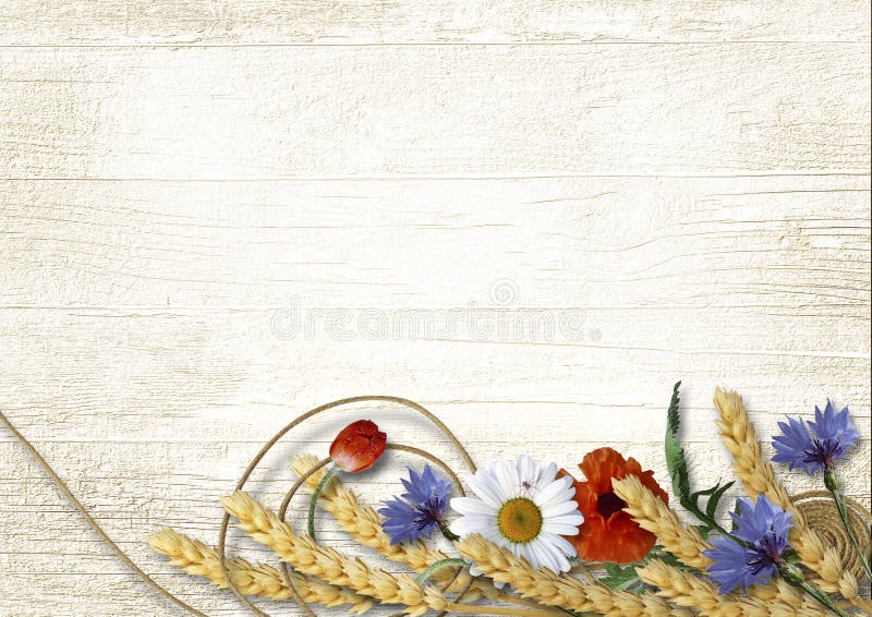 Bouquet field flowers from cornflowers, poppies, chamomiles and spikelets on a vintage wooden background with space for photo and text. Bouquet field flowers from cornflowers, poppies, chamomiles and spikelets on a vintage wooden background with space for photo and text